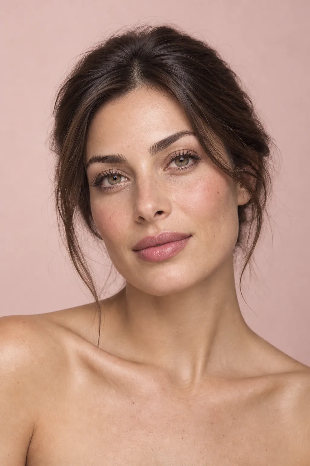 Ritratto beauty editoriale con ciglia naturali su sfondo rosa